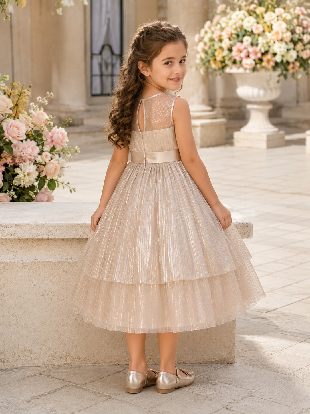 Champagne Romantic A-Line Tulle Flower Girl Dress Sleeveless Square Neck Tea-Length Shimmer Layers back view
