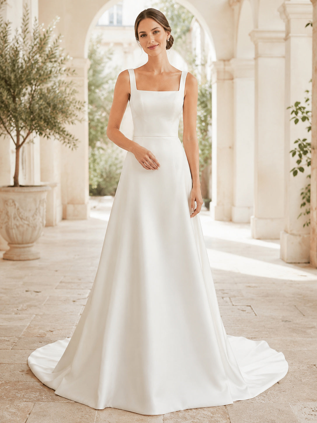 Minimalist Square Neck Wide Strap Satin A-Line Chapel Train Wedding Dress front view