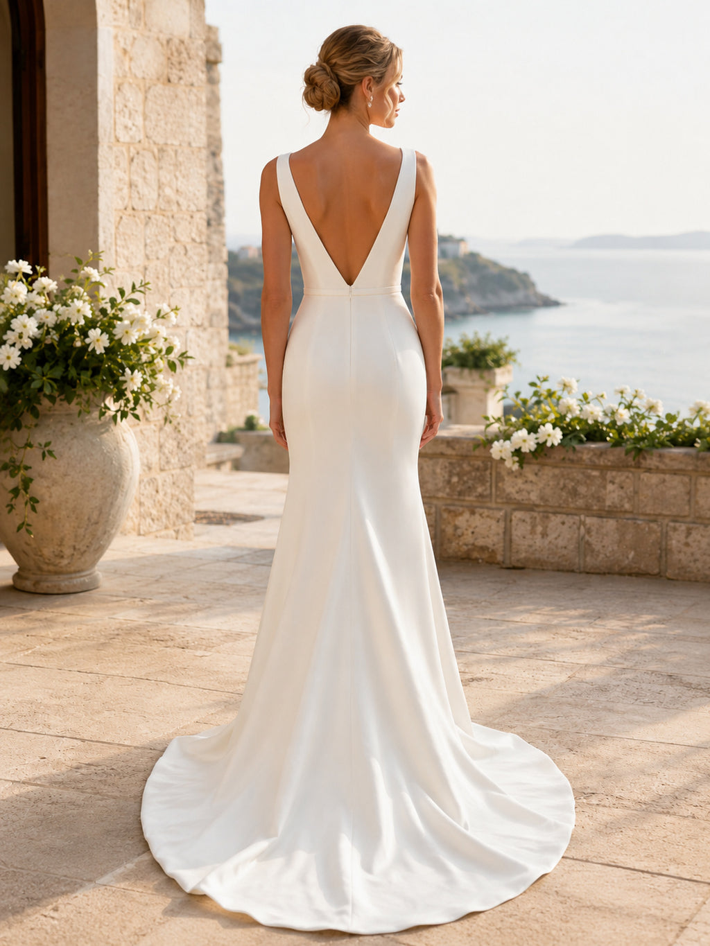 Minimalist Stretch Satin Wedding Dress Mermaid Bateau Neck Sleeveless Sweep Train Bridal Gown back view
