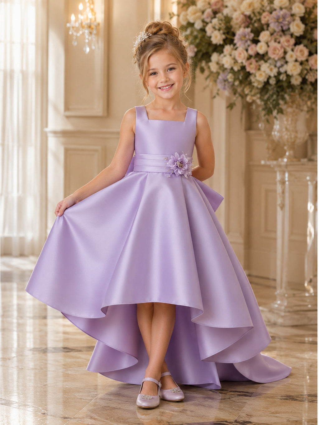 Flower Girl Dress Lavender Satin A-Line V-Neck High Low High Low Skirt Tiered Ruffle Skirt front view