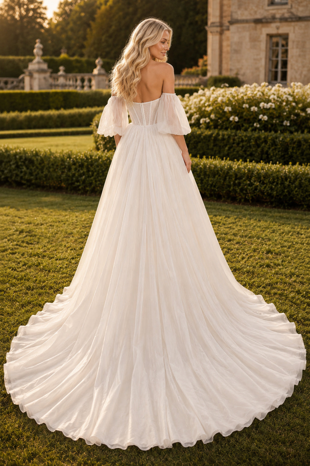 Tulle Organza Wedding Dress A-Line Off Shoulder Puff Sleeve Sweep Train Bridal Gown back view