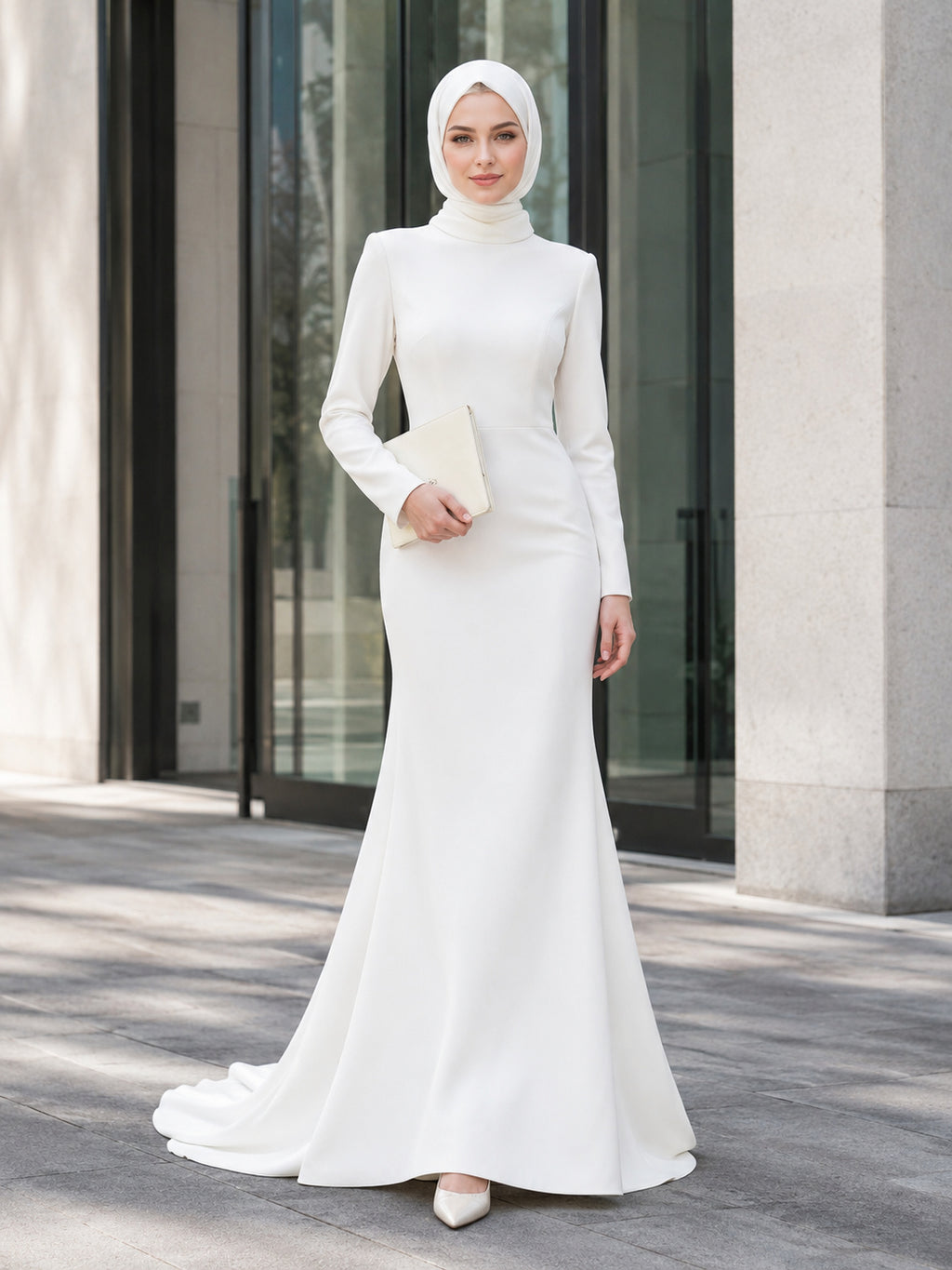Courthouse Muslim Minimalist High Neck Sheath Sweep Wedding Dress front view