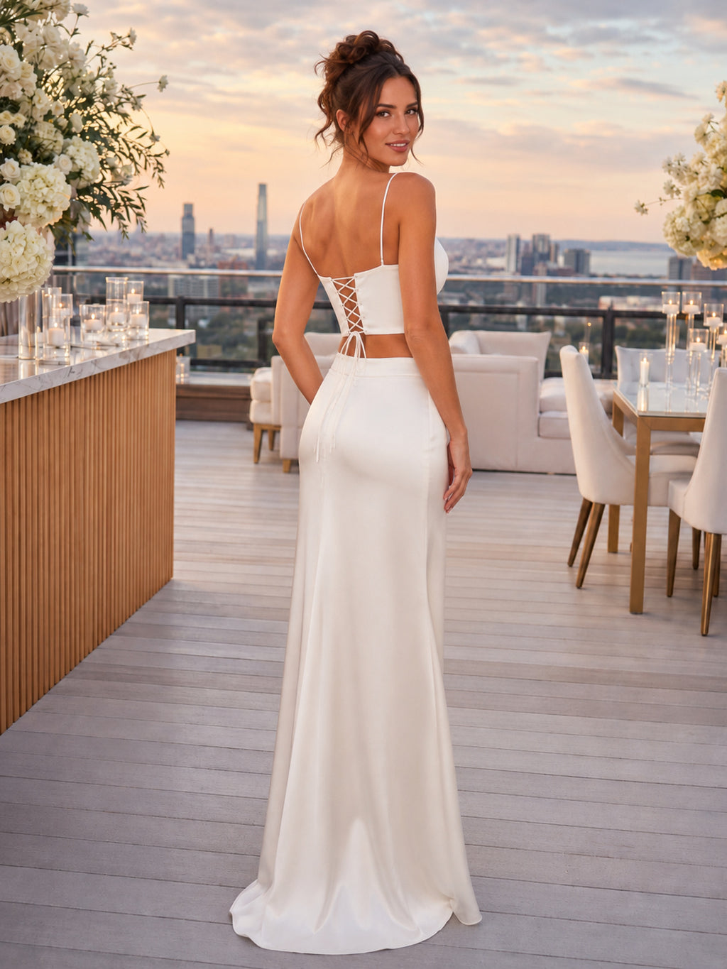 Plunging Spaghetti Strap Satin Slit Rooftop Bridal Set back view