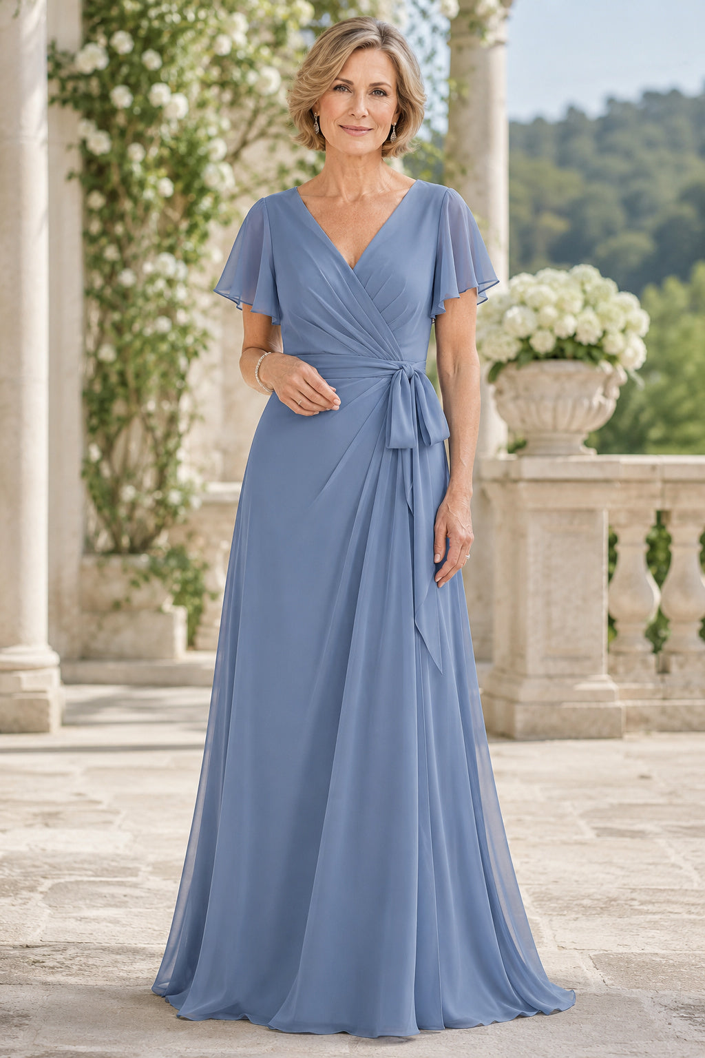 Steel Blue V-Neck Wrap A-Line Mother Dress with Short Sleeves and Side Bow front view