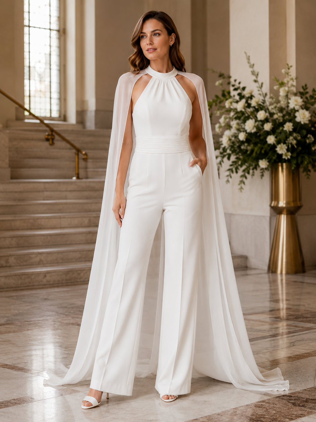 High Neck Keyhole Chiffon Cape Wide Leg Civil Wedding Jumpsuit front view