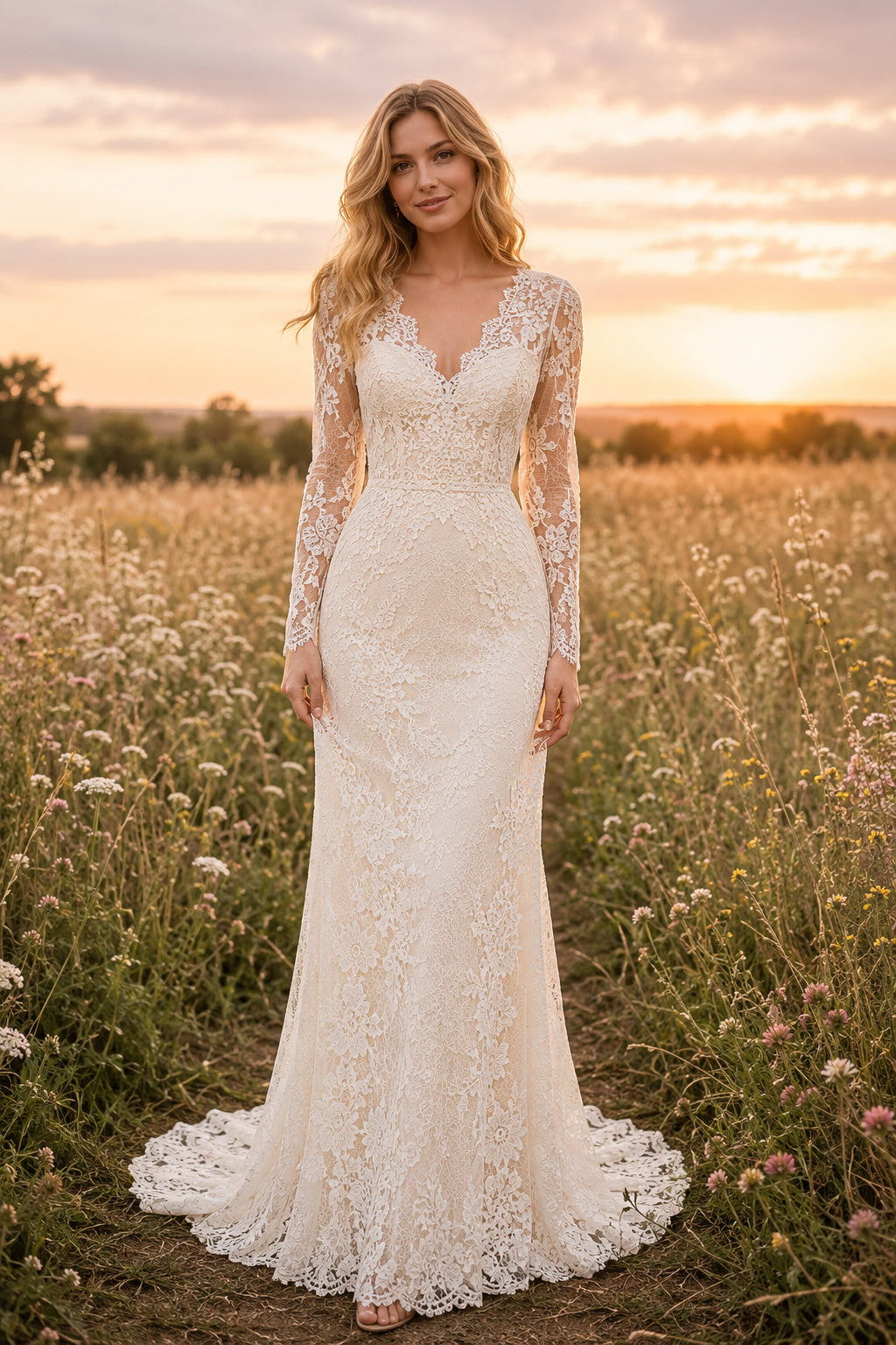 Ivory Long Sleeve Lace Mermaid Wedding Dress with V-Neck Illusion Back and Sweep Train front view