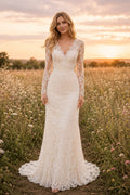 Ivory Long Sleeve Lace Mermaid Wedding Dress with V-Neck Illusion Back and Sweep Train front view