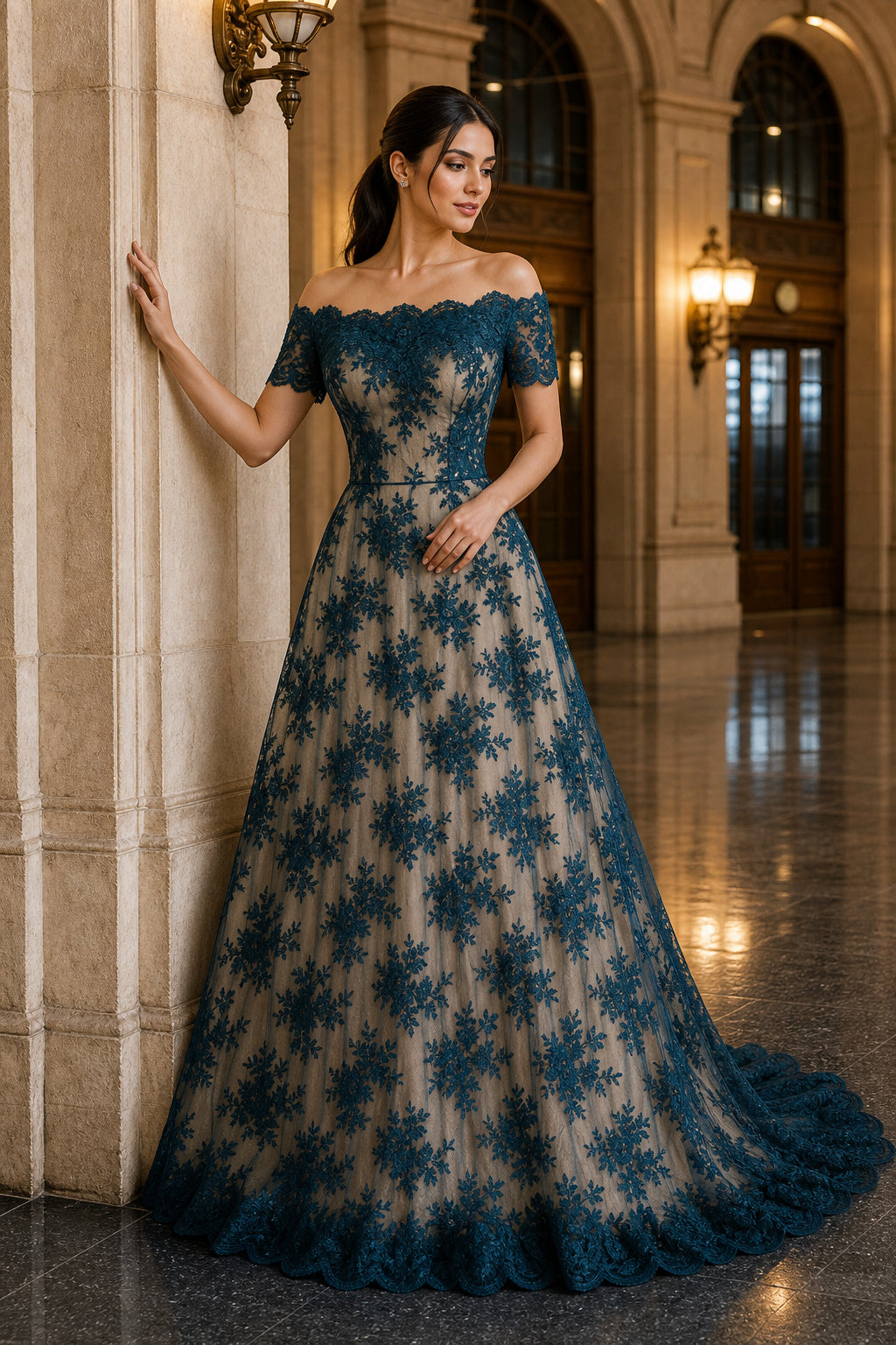 Teal Off-the-Shoulder A-Line Lace Floor-Length Dress With Sweep Train