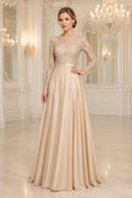Champagne High Neck Lace Bodice A-Line Mother Dress with Long Sleeves and Satin Chiffon Skirt front view