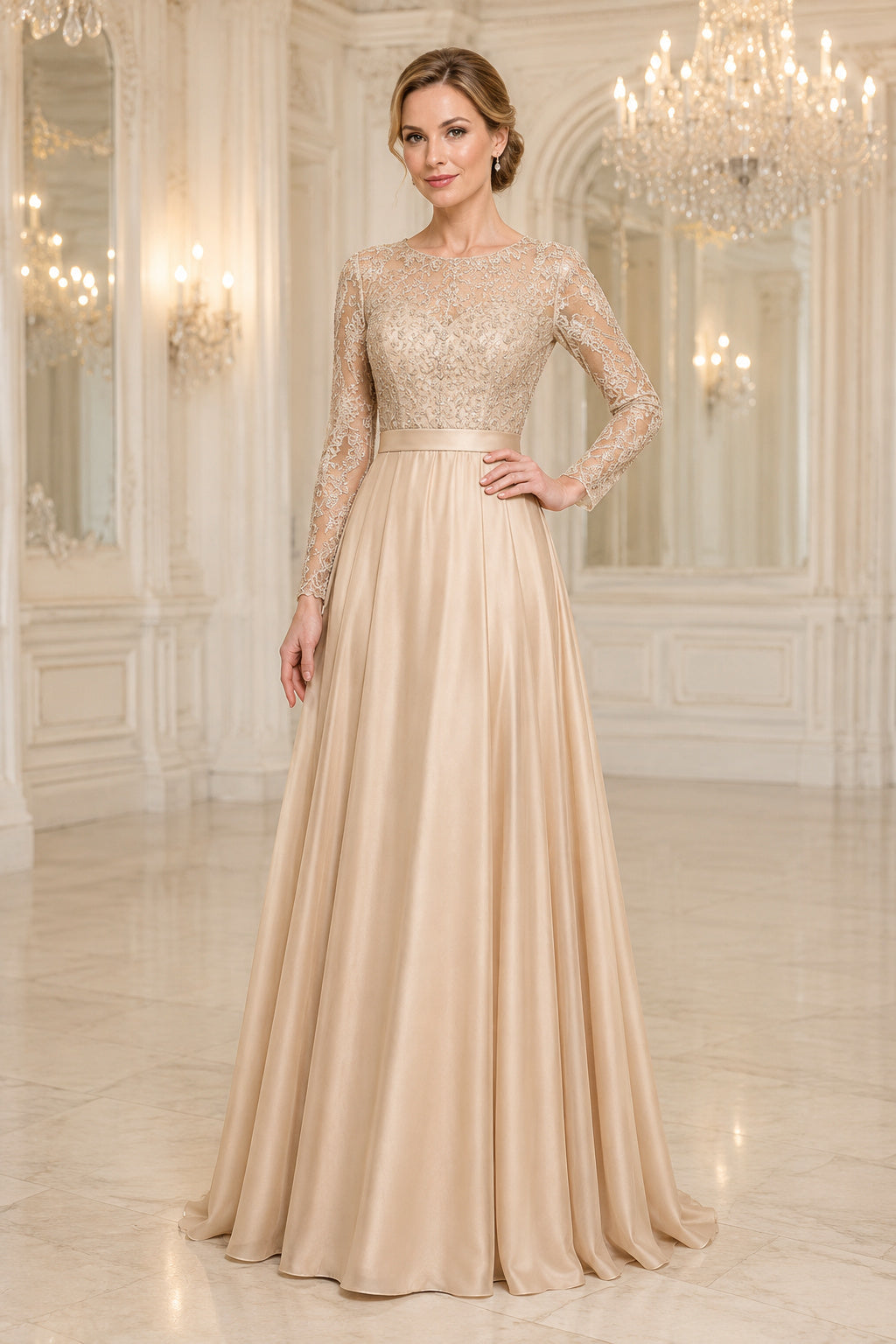 Champagne High Neck Lace Bodice A-Line Mother Dress with Long Sleeves and Satin Chiffon Skirt front view