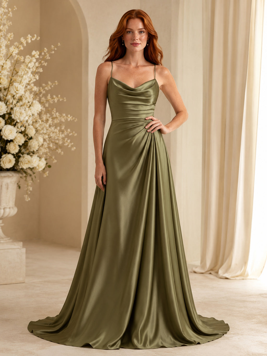 Sage Cowl Neck Spaghetti Strap Satin A-Line Sweep Train Wedding Dress front view