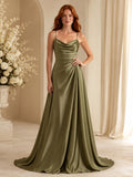 Sage Cowl Neck Spaghetti Strap Satin A-Line Sweep Train Wedding Dress front view