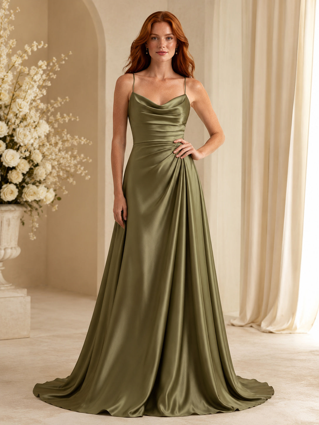 Sage Cowl Neck Spaghetti Strap Satin A-Line Sweep Train Wedding Dress front view