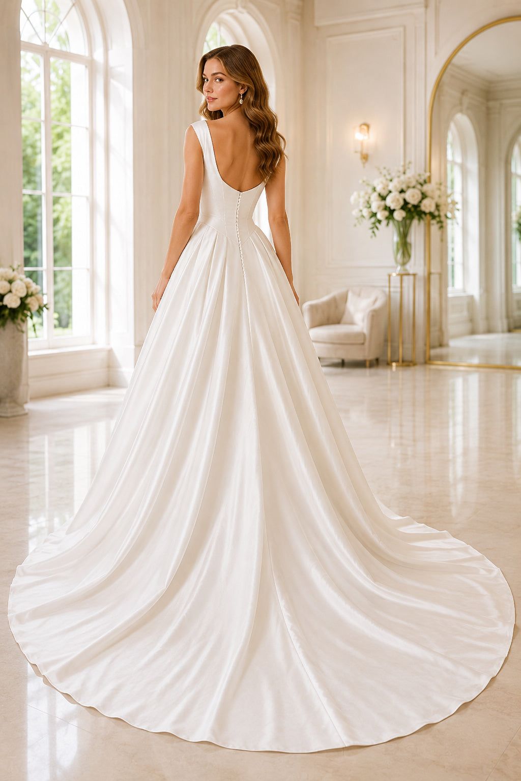 Cowl Neck Satin A-Line Wedding Dress with Low Back and Sweep Train back view