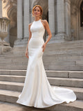 Modern High Neck Halter Crepe Mermaid City Destination Wedding Gown front view