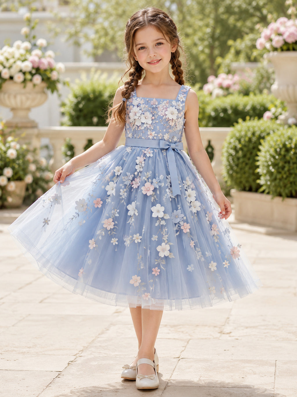 Sky Blue Floral Applique Sleeveless Tulle Flower Girl Tea-Length Garden Dress front view