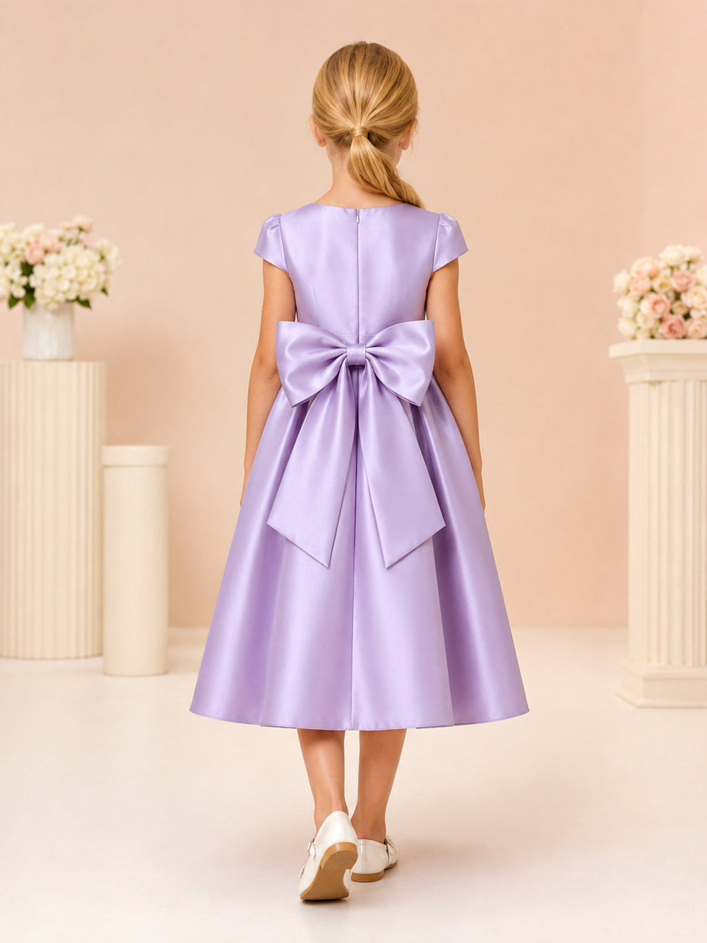 Lavender Satin Bateau Cap Sleeve Bow A-Line Tea-Length Flower Girl Dress back view