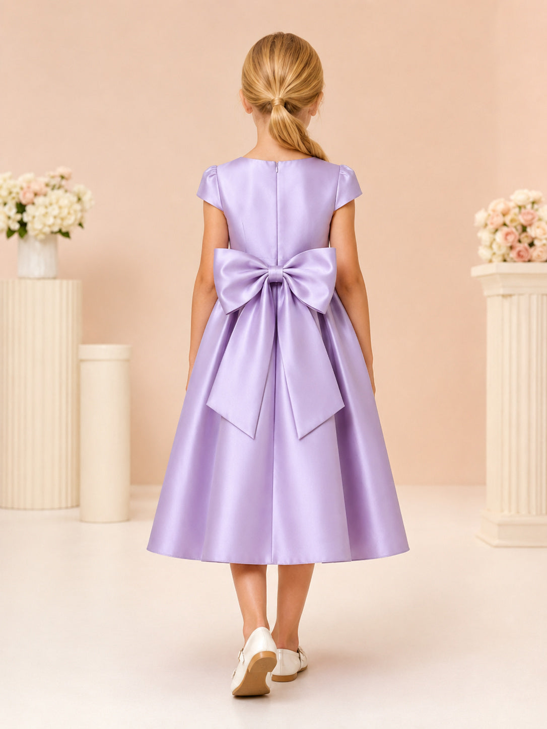 Lavender Satin Bateau Cap Sleeve Bow A-Line Tea-Length Flower Girl Dress back view
