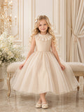 Ivory Tulle A-Line Flower Girl Dress Sleeveless Jewel Neck Tea Length Bow Detail front view