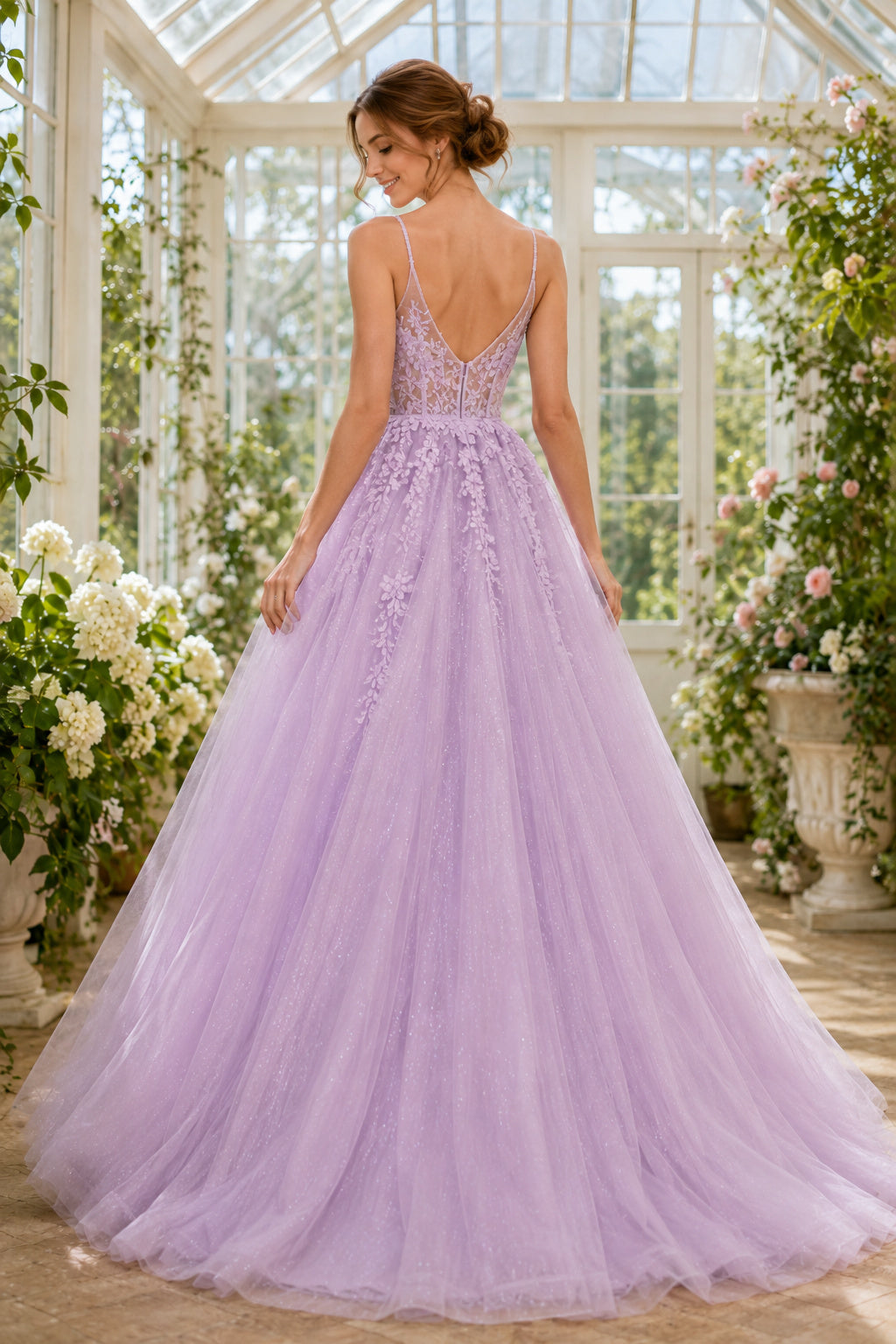 Lavende Spaghetti Strap Floral Applique Tulle A-Line Prom Dress with Plunging V-Neck back view
