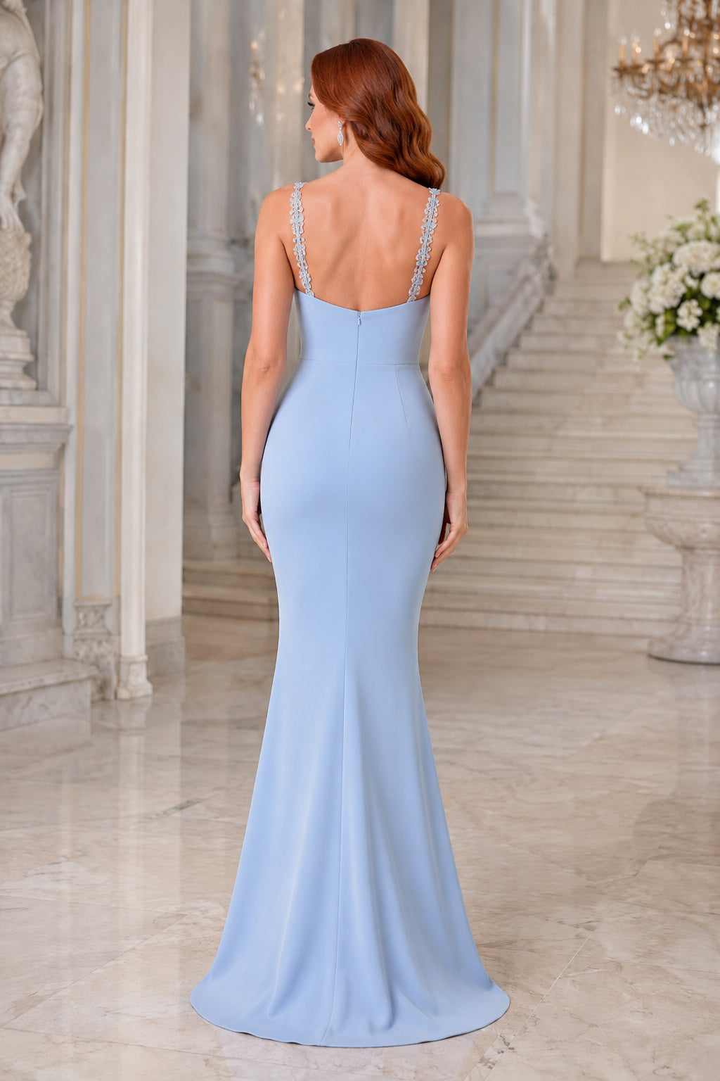 Plus Size Sky Blue Mermaid Prom Dress with Sweetheart Neckline and Beaded Spaghetti Straps back view