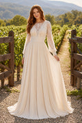 Ivory Boho V-Neck A-Line Chiffon Lace Wedding Dress with Long Poet Sleeves and Sweep Train front view