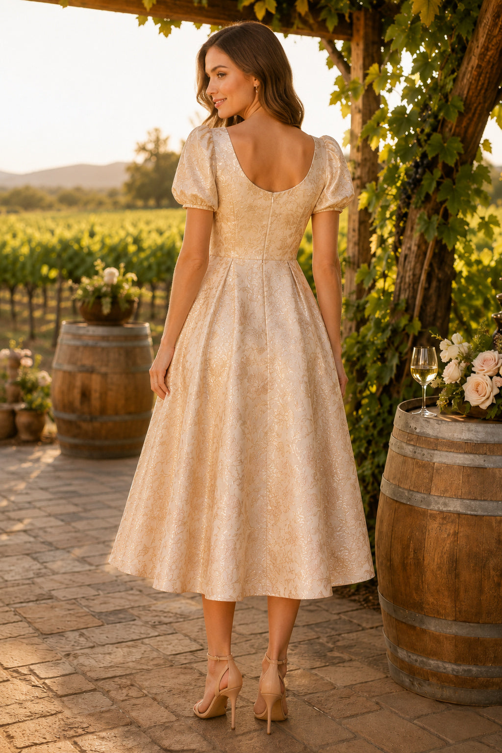 Dark Navy Vineyard Wedding Guest Sheath Dress back view