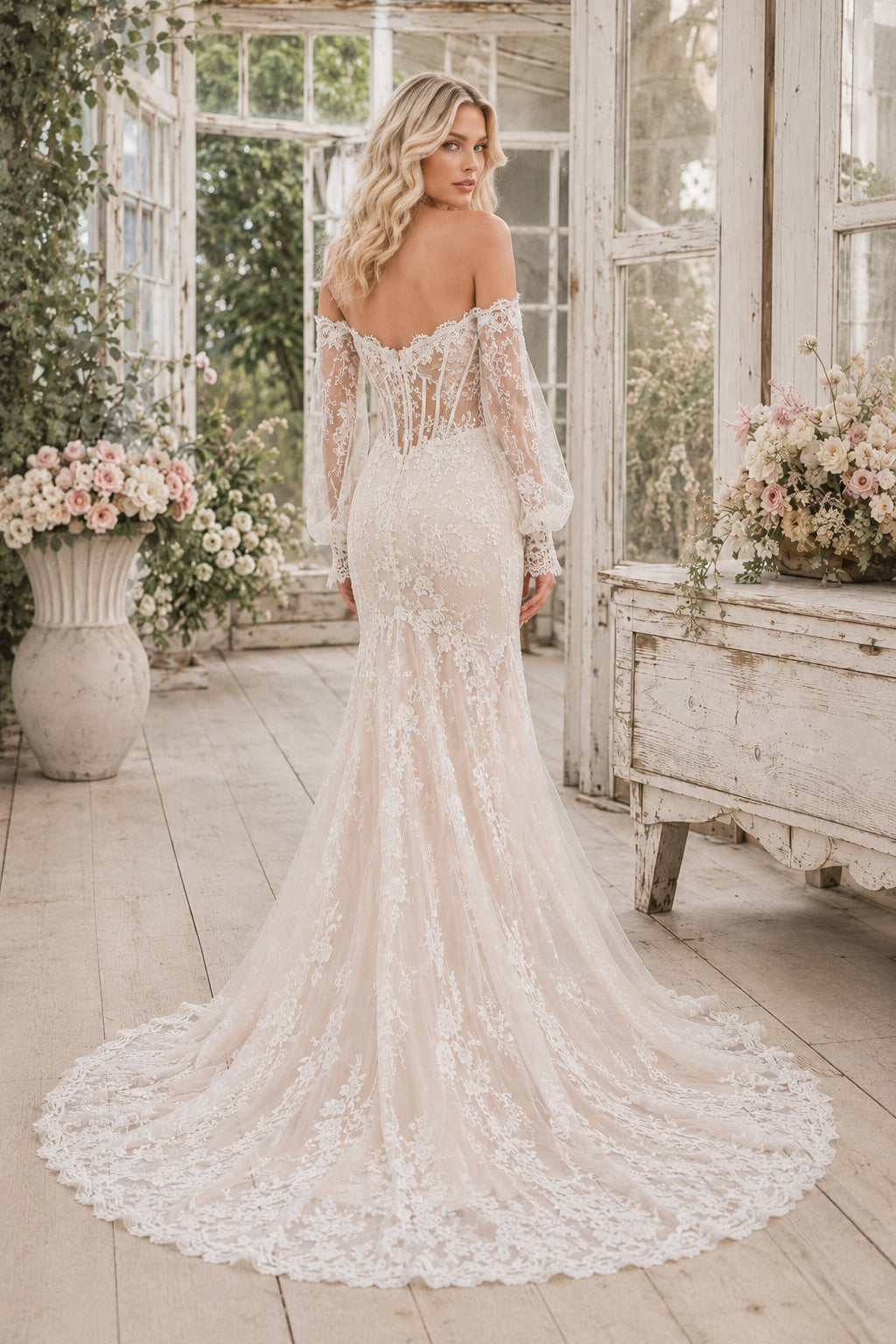 Champagne Sexy Off-the-Shoulder Mermaid Champagne Lace Wedding Dress with Long Lace Sleeves and Chapel Train Style MG_701408