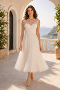 Ivory Sweetheart Strap Sleeveless Lace Tulle Tea-Length Wedding Dress with Illusion Lace Back and Soft Tulle Skirt front view
