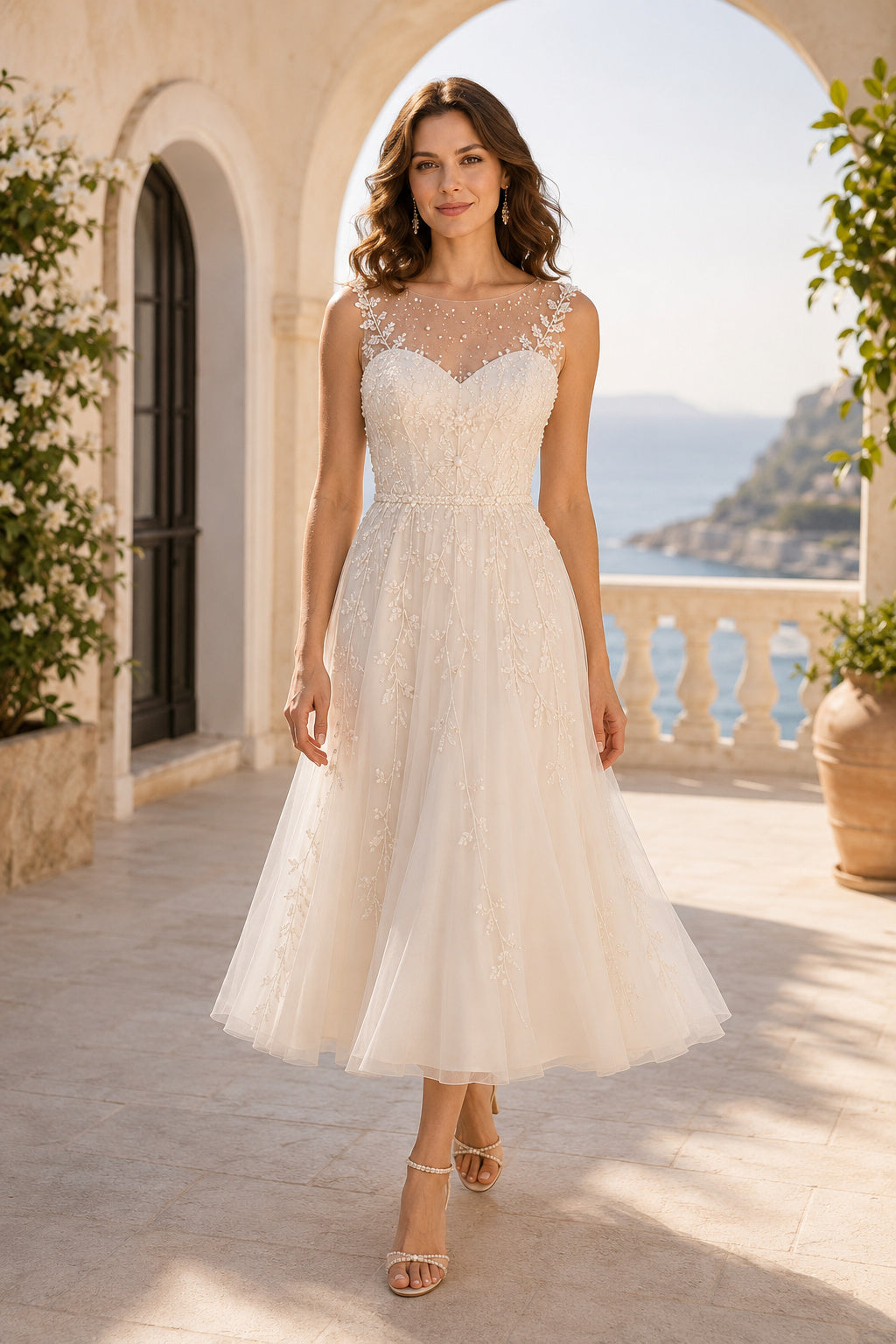 Ivory Sweetheart Strap Sleeveless Lace Tulle Tea-Length Wedding Dress with Illusion Lace Back and Soft Tulle Skirt front view