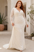 Plus Size Ivory V-Neck Long Illusion Sleeve Lace Tulle Mermaid Wedding Dress with Long Lace Sleeves and Mermaid Chapel Train