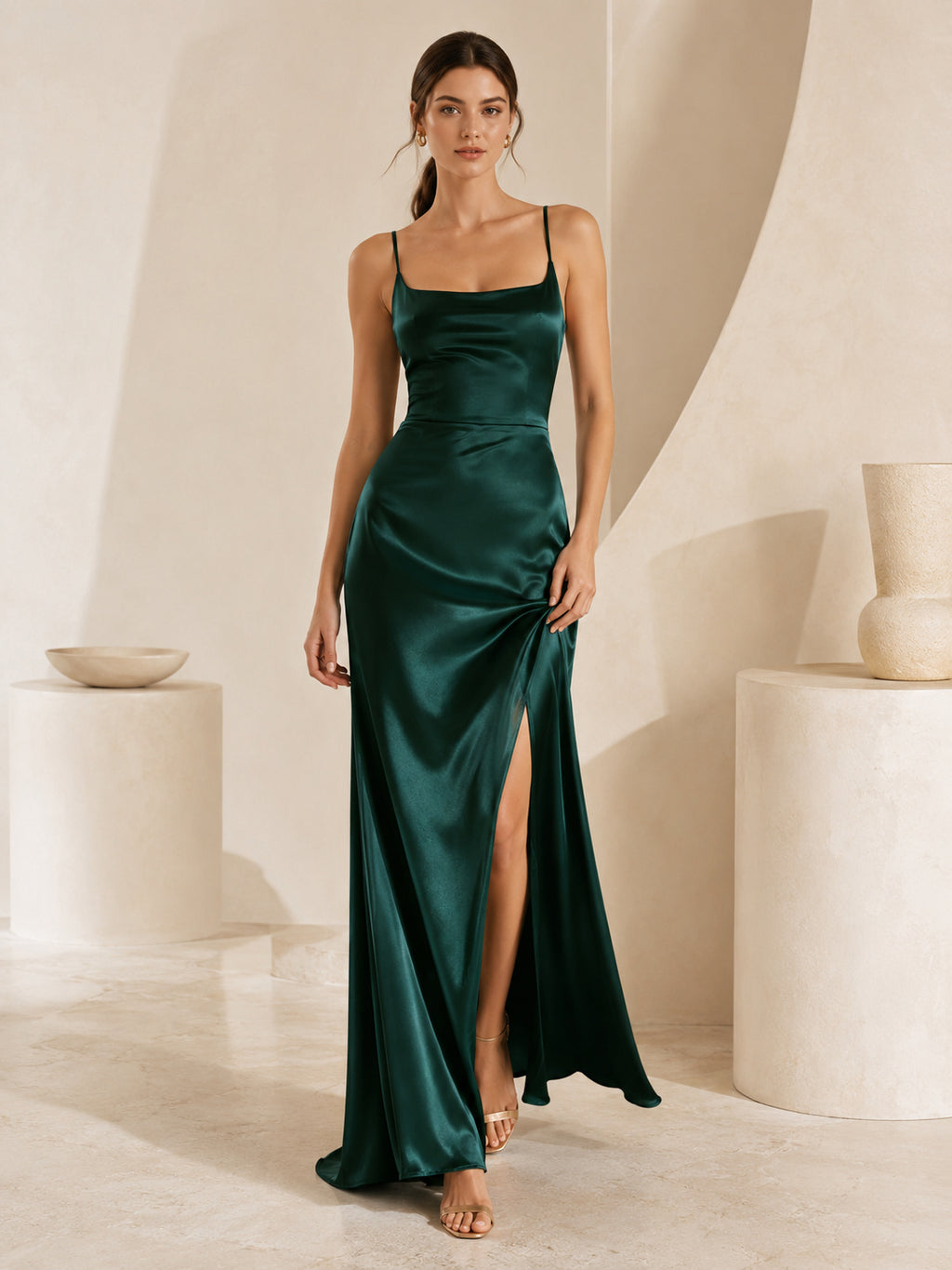 Dark Green Open Back Satin Slit Dress front view
