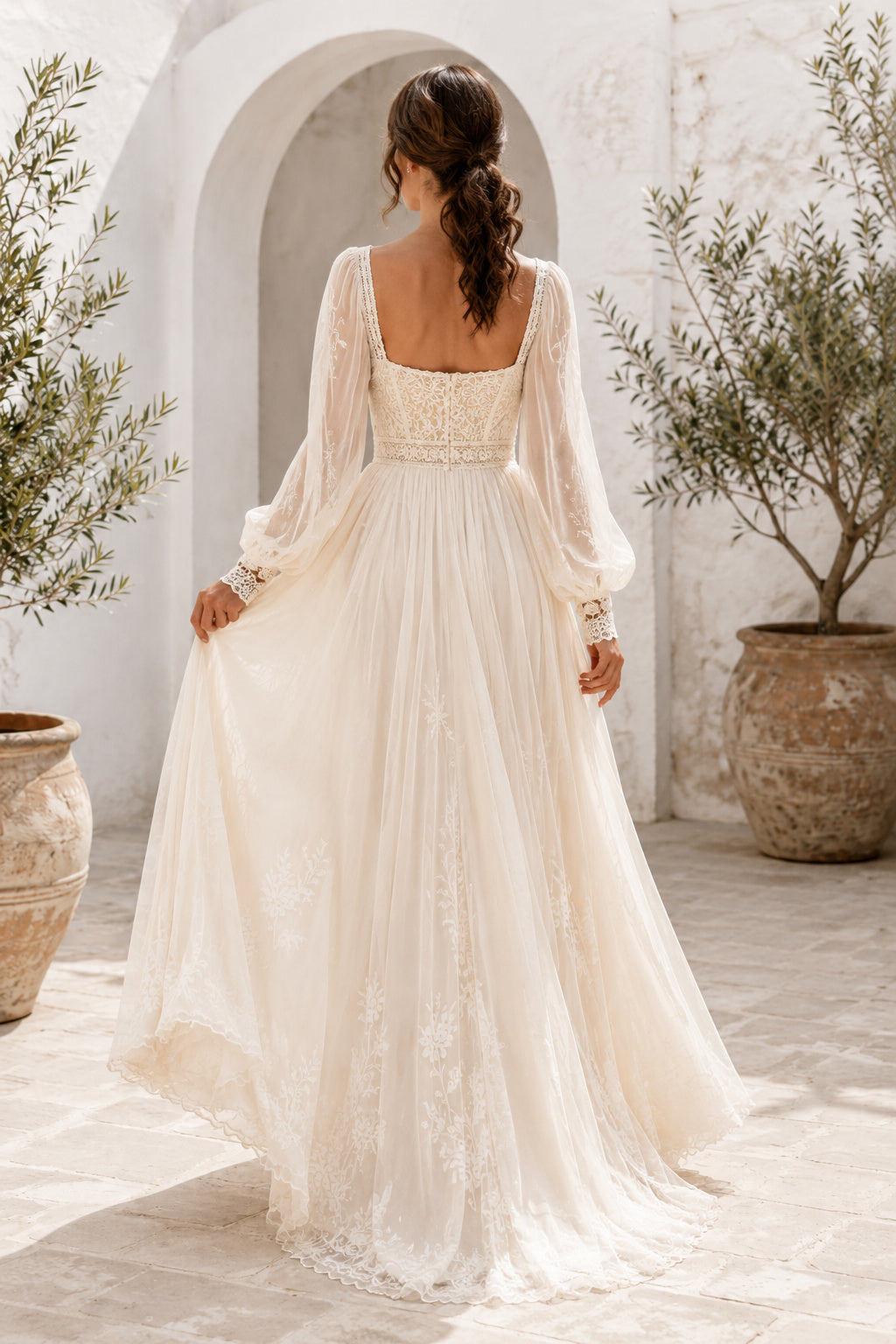Ivory Square Neck Puff Sleeve Chiffon A-Line Wedding Dress with Low Back back view