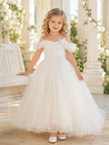 Flower Girl Dress Ivory Tulle A-Line Off Shoulder Tea Length Floral Applique front view