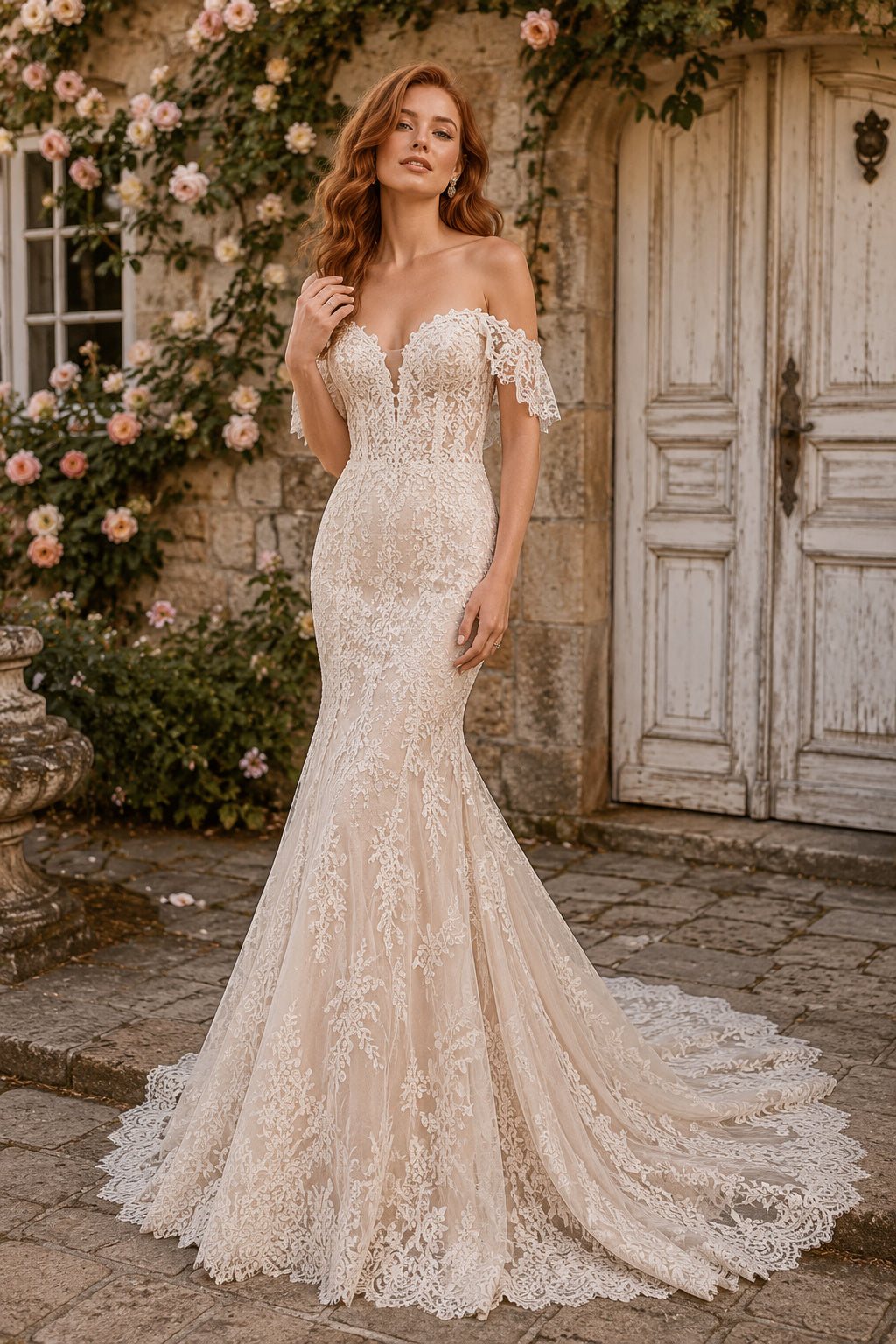 Ivory Off Shoulder Lace Mermaid Wedding Dress Chapel Train for Wedding Ceremony and Reception Style MG_701457 front view