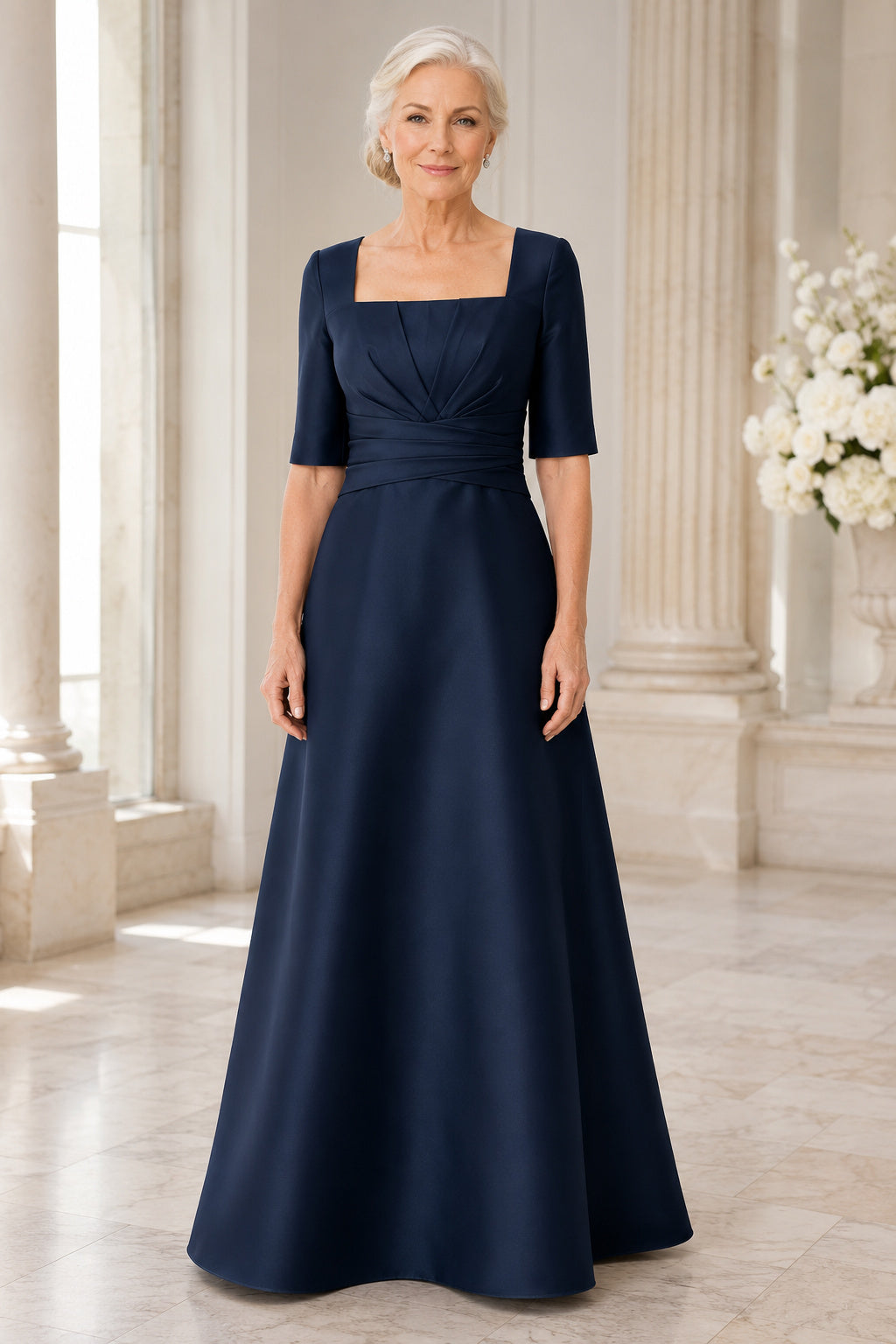 Dark Navy Square Neck Satin A-Line Mother Dress with Half Sleeves front view