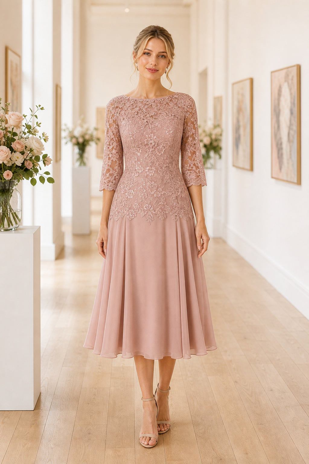 Blush Bateau Short Sleeve A-Line Chiffon Tea-Length Dress With Lace Bodice