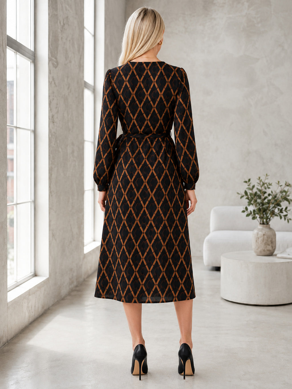 Black Diamond Long Sleeve Wrap Guest Midi Dress back view
