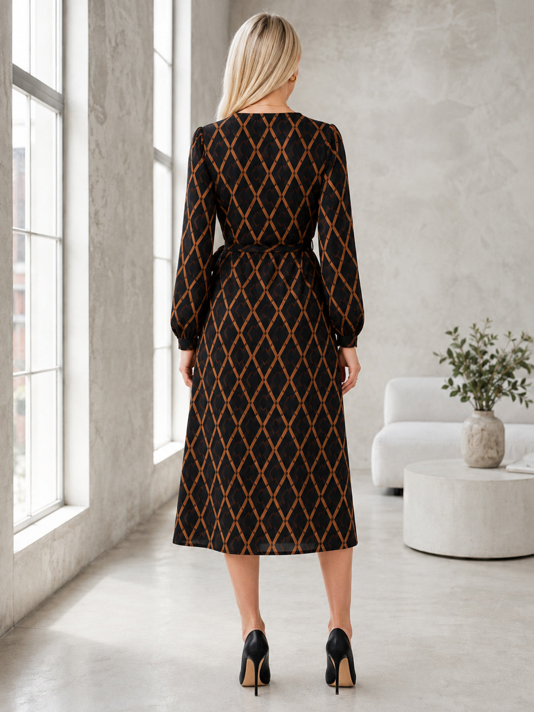 Black Diamond Long Sleeve Wrap Guest Midi Dress back view