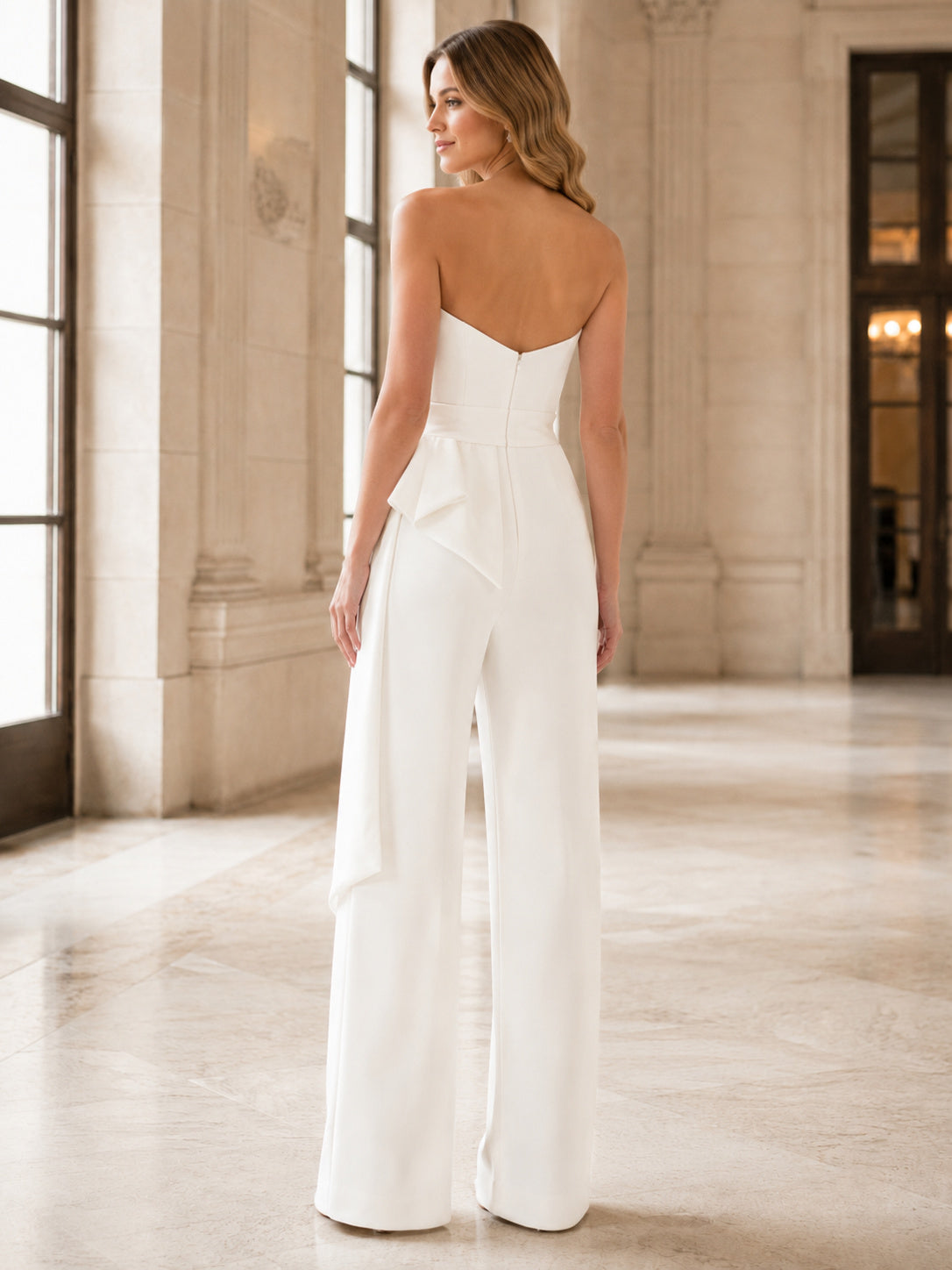 Elegant Bridal Jumpsuit Strapless Sweetheart Draped Wide Leg Civil Wedding Outfit back view