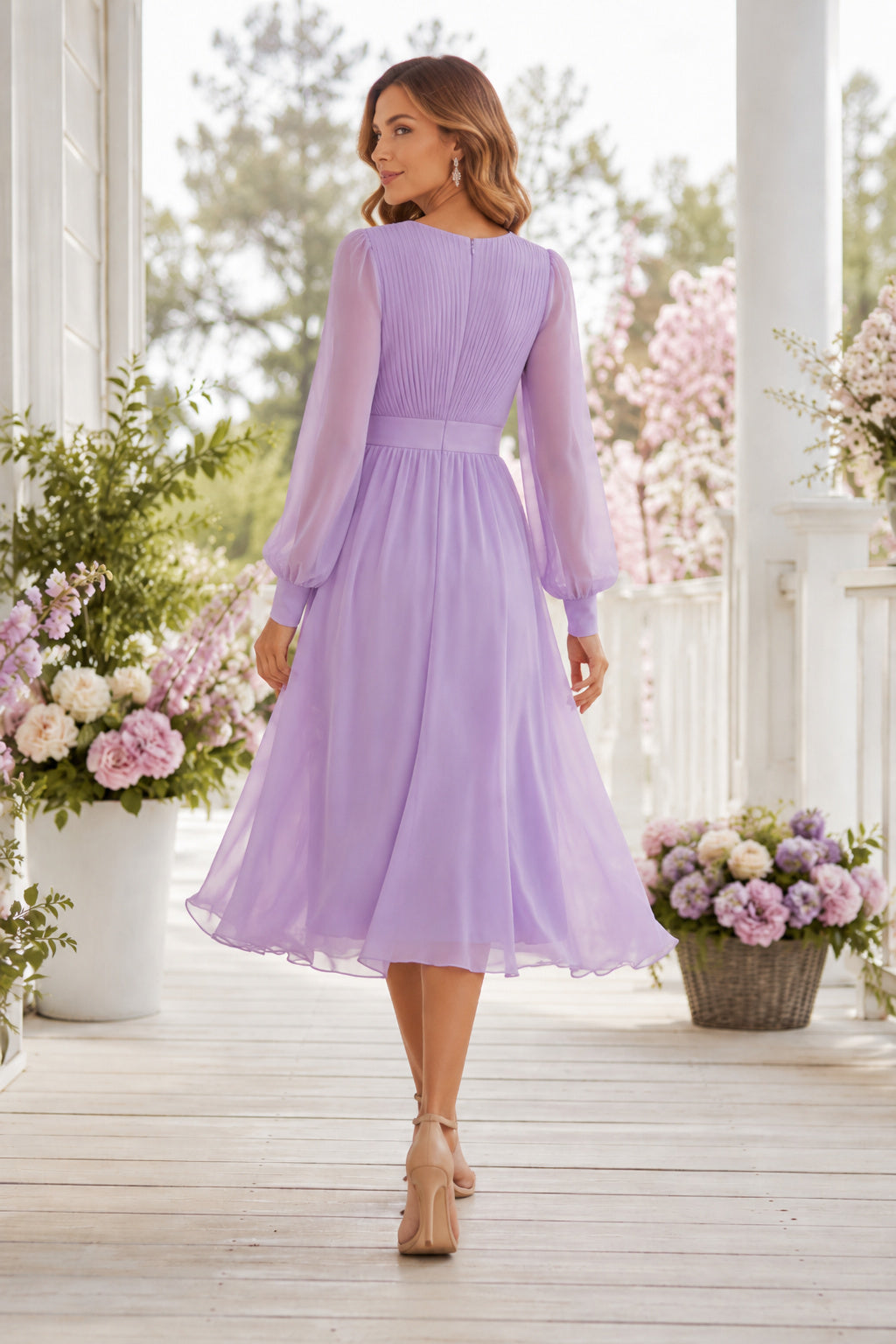 Lavender Long Sleeve Chiffon Tea Length A-Line Guest Dress for Bridesmaids Wedding Guests and Formal Receptions back view