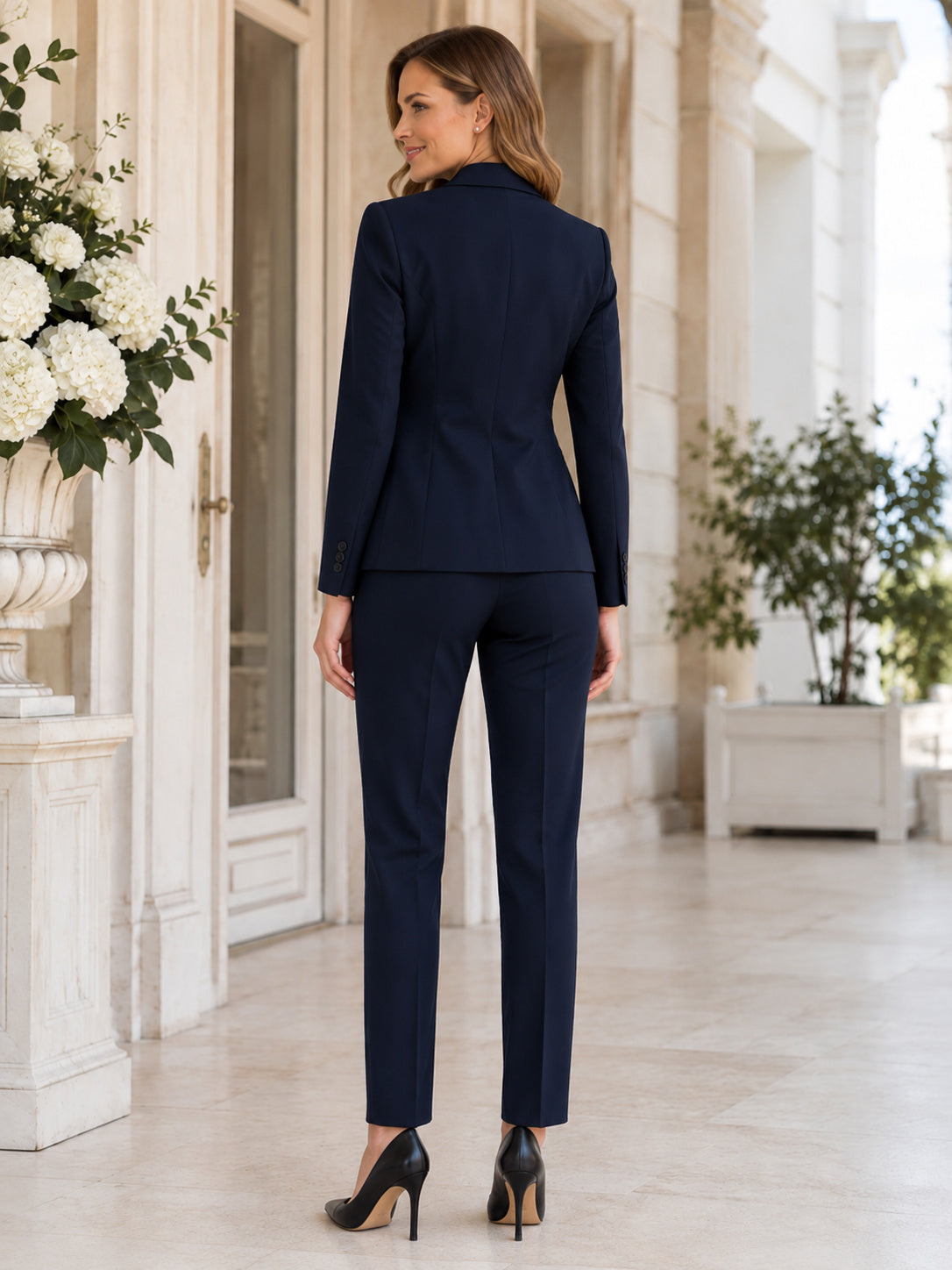 Dark Navy Mother Tailored Long Sleeve Blazer Slim Leg Two Piece Einschulung Pantsuit Hosenanzug back view