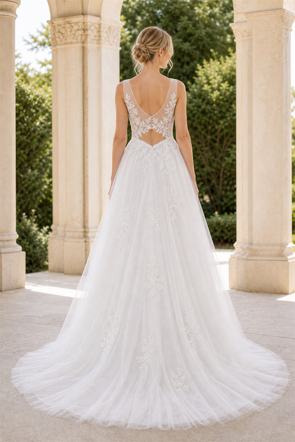 White Halter A-Line Chiffon Floor-length Wedding Dress With Layered Skirt and Beaded Bodice and Open Back