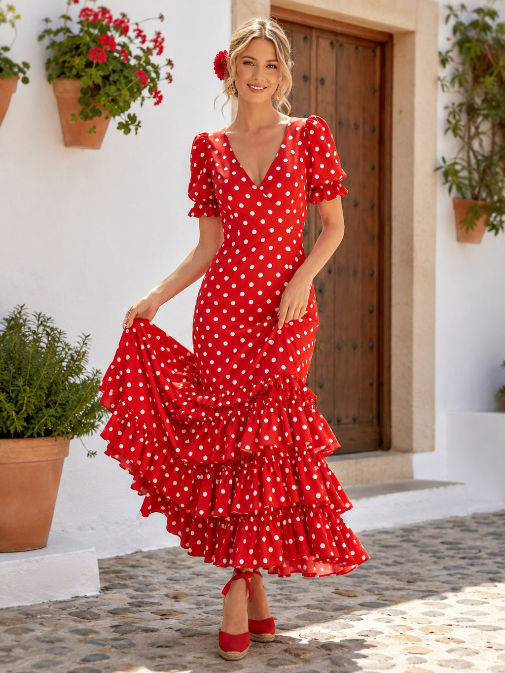 Adorable Red Polka Dot Romeria Mermaid Ankle Length V Neck Puff Sleeve Dress front view