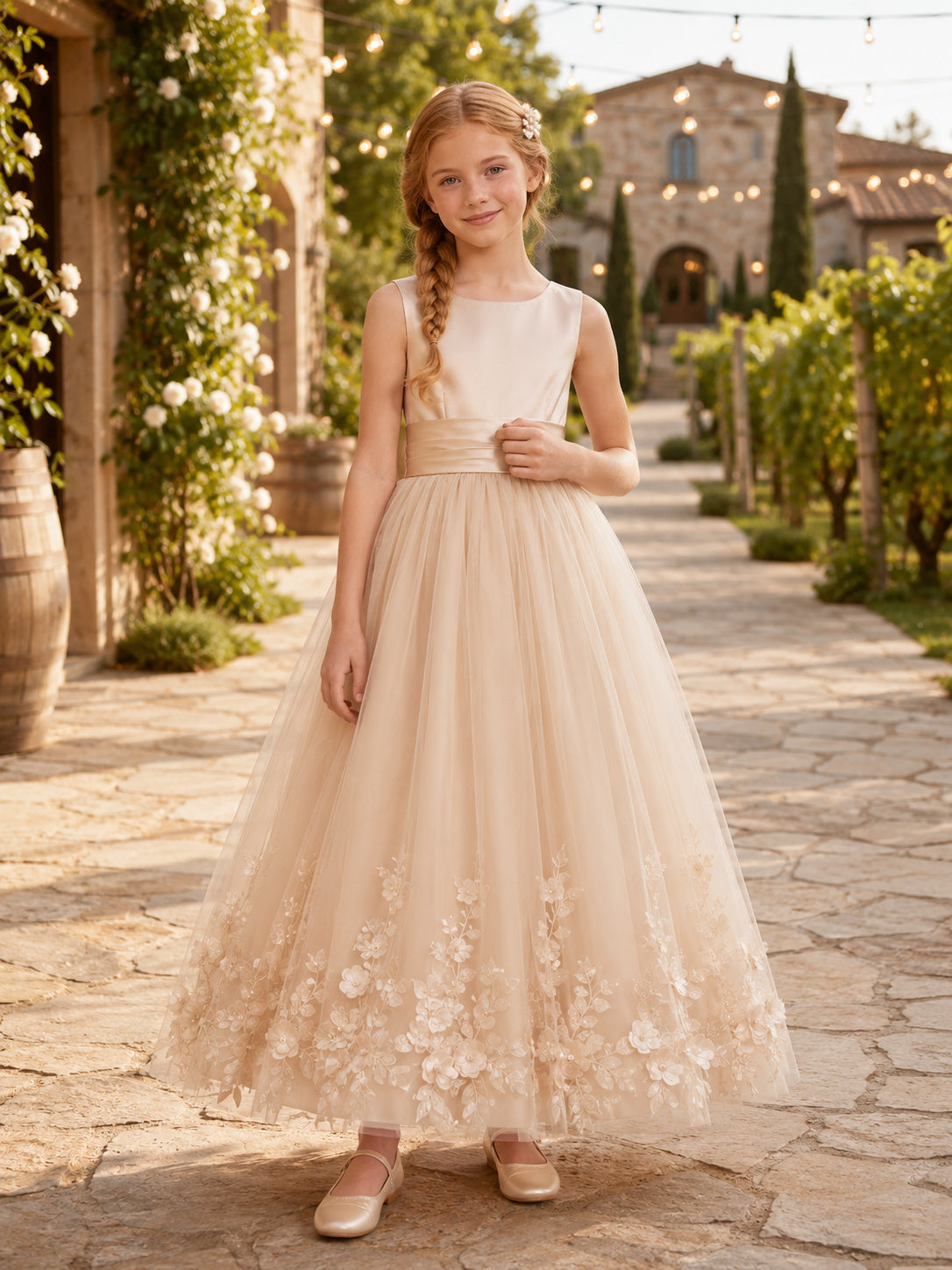 Champagne Ankle-Length A-Line Flower Girl Dress with Sleeveless Satin Bateau Bodice, Floral Tulle Hem, Bow and Zipper Back fr