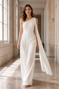 White One Shoulder Cape Satin Wedding Jumpsuit Style 720326 front view