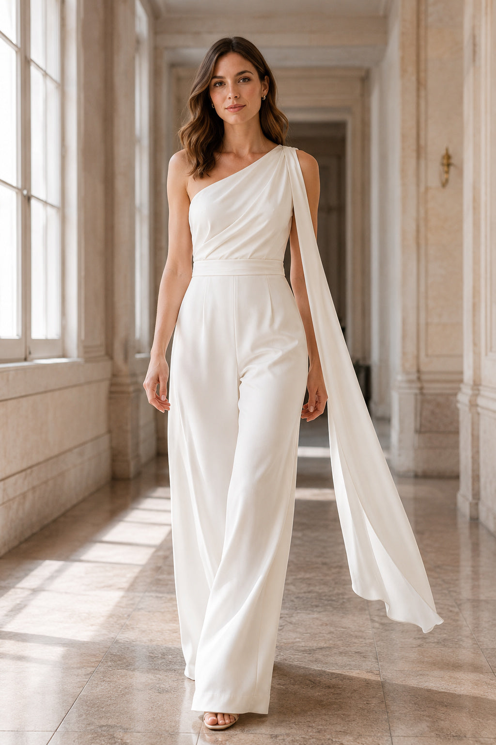 White One Shoulder Cape Satin Wedding Jumpsuit Style 720326 front view
