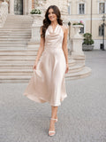 Cowl Halter Charmeuse Tea Length Open Back Civil Wedding Dress front view
