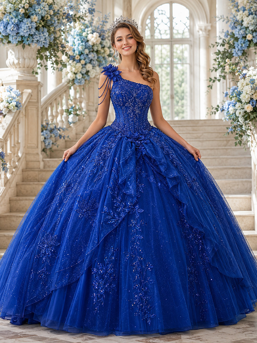 Royal Blue One-Shoulder Beaded Corset Quinceanera Ball Gown front view