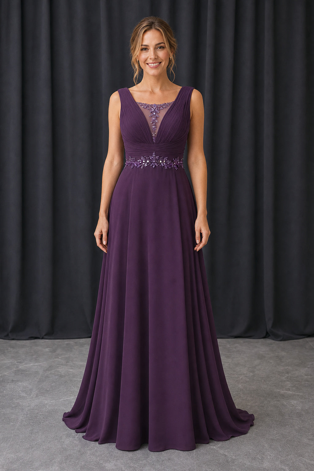 Purple V-neck Sleeveless A-Line Chiffon Floor-Length Dress With Beaded Waist